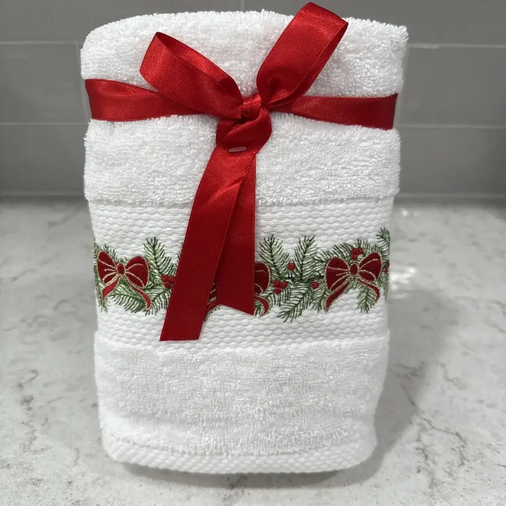 Set of 2 Arctic Holiday Christmas Hand Towels Holly Berries Embroidered Turkish